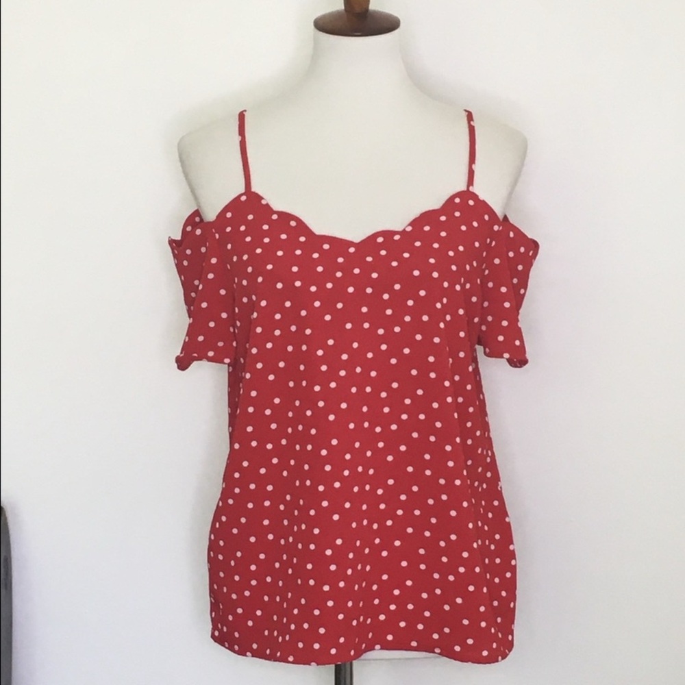 Monteau Los Angeles Red White Polka Dot Off Shoulder Scallop Top Size Small - Picture 2 of 10